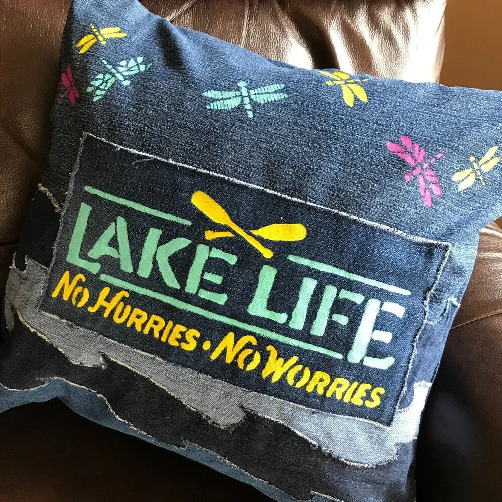 Lake House Pillow Cover 18 x 18, Lake Life Theme Cabin Decor Waves Dragonflies